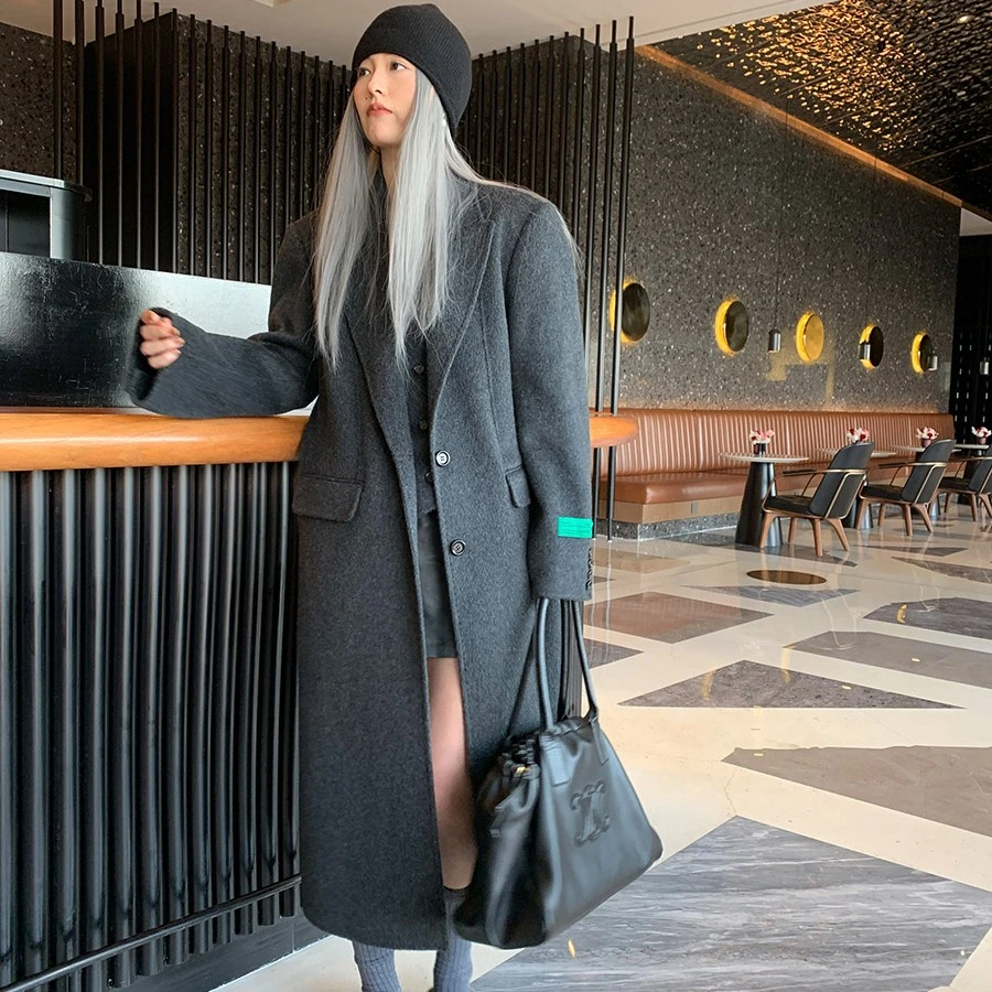 洛边以山海之名复古假两件绵羊毛大衣中长款宽松手工缝双面呢外套