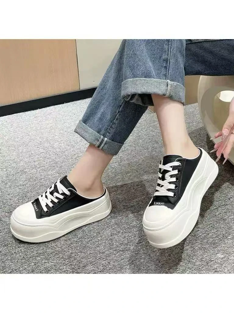 [易小慧]时尚黑白厚底板鞋半拖鞋小白鞋百搭增高休闲鞋