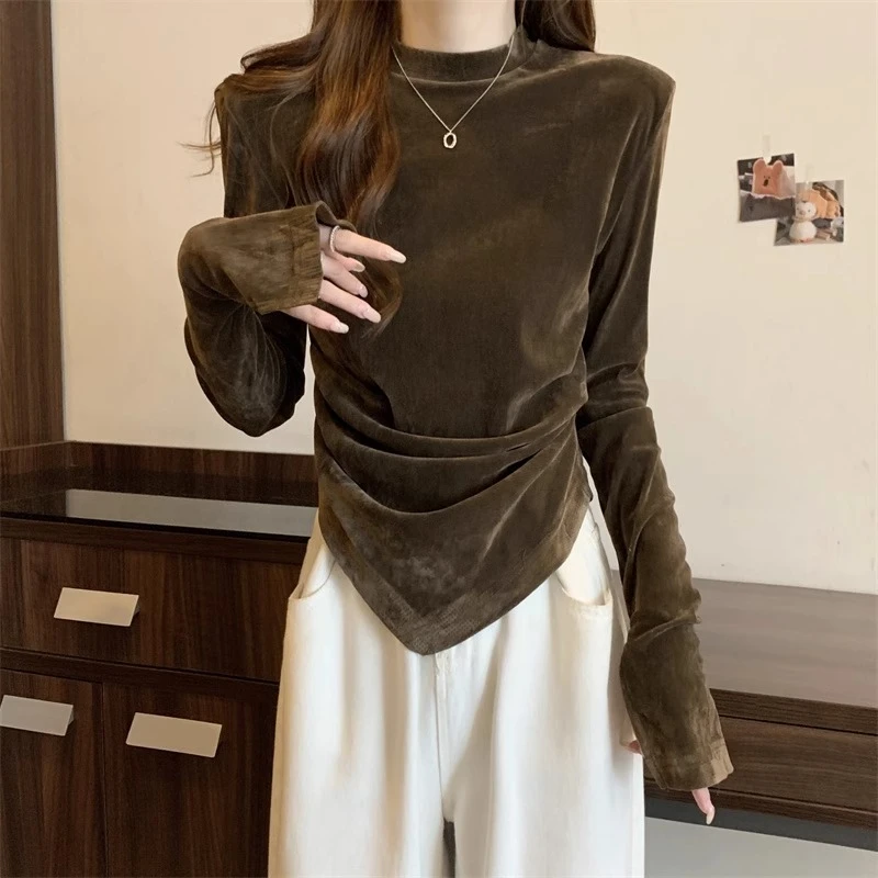 不规则金丝绒长袖t恤女秋冬大码微胖妹妹修身显瘦内搭打底衫上衣