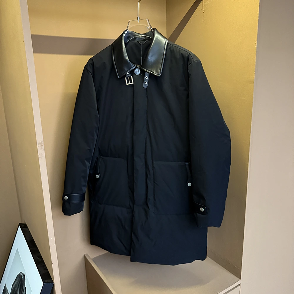 TB THBURBE「质感黑调」真皮拼接中长款羽绒服翻领休闲保暖外套男