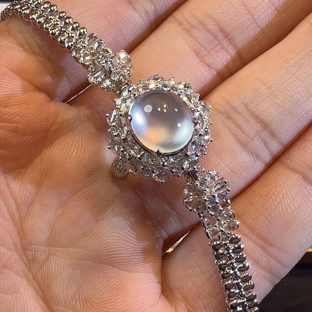 翡翠手链18K金镶嵌玻璃种极光白蛋面三用款