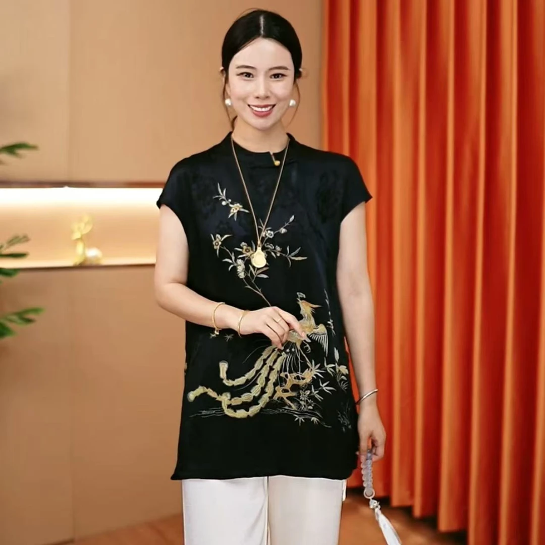 【凤妃】2025新款奥黛显瘦气质夏季复古黑色新中式优雅女装上衣