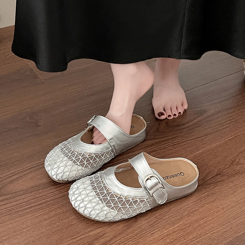 复古编织厚底内增高魔术贴包头半拖鞋2025夏季新外穿配裙子凉拖鞋