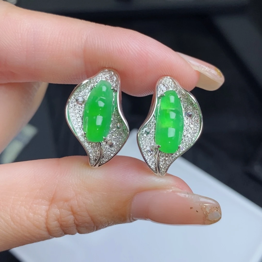 翡翠18K金镶嵌耳饰福豆