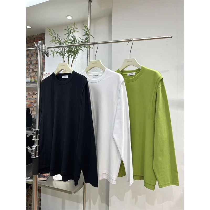 A6015 韩版简约纯色小众设计感T恤男宽松圆领休闲打底衫
