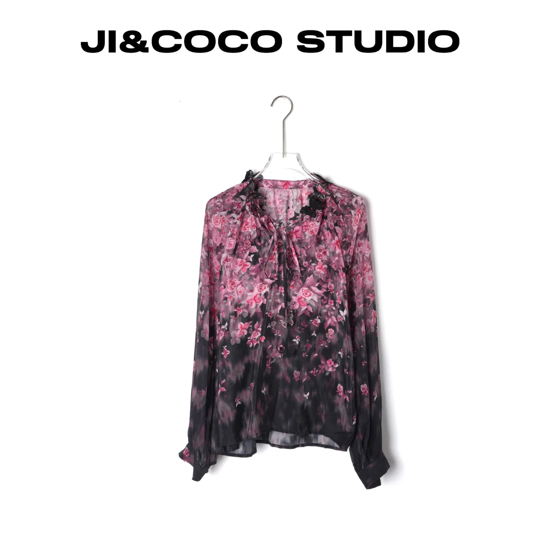 春夏新款法式碎花真丝衬衫 气质百搭减龄系带上衣 22K438