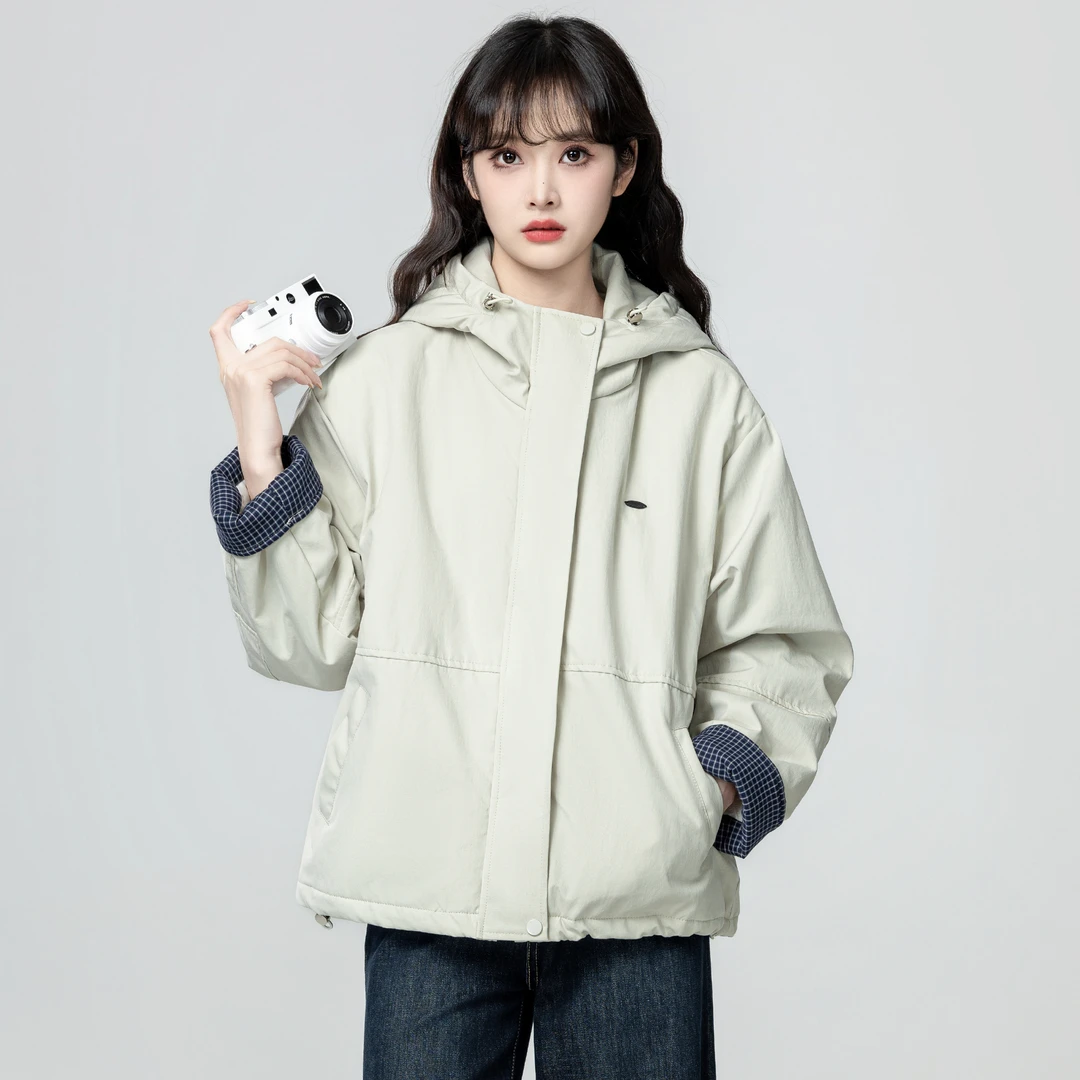 豆绿色立领棉服外套女冬2025冬季新款加厚保暖连帽冲锋衣棉衣上衣