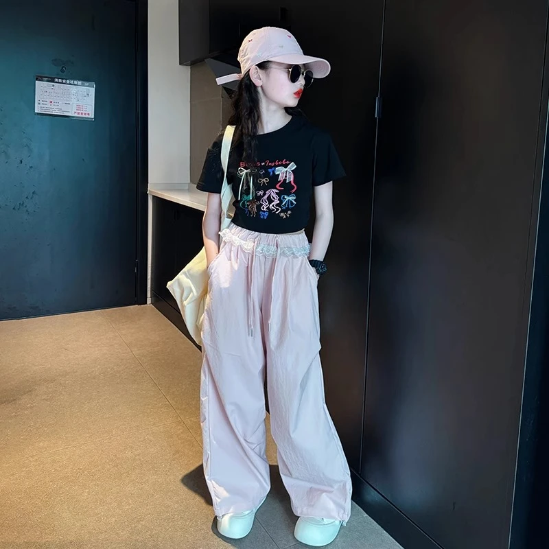 女童裤子夏薄款2025新款儿童芭蕾风休闲裤夏装女孩大童冰丝阔腿裤