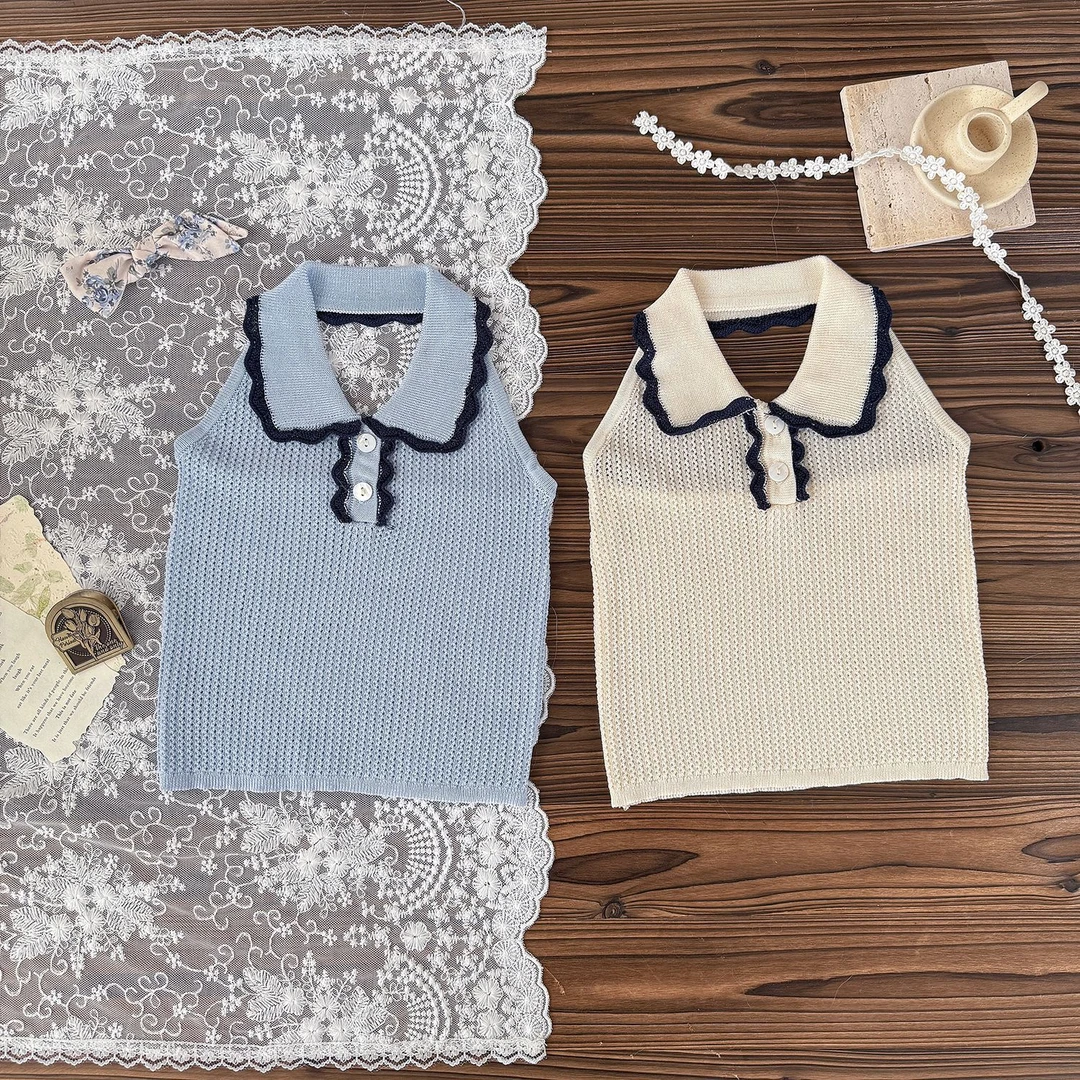 【微风童话】夏女婴童翻领针织上衣女宝镂空紧身挂脖露背薄款背心