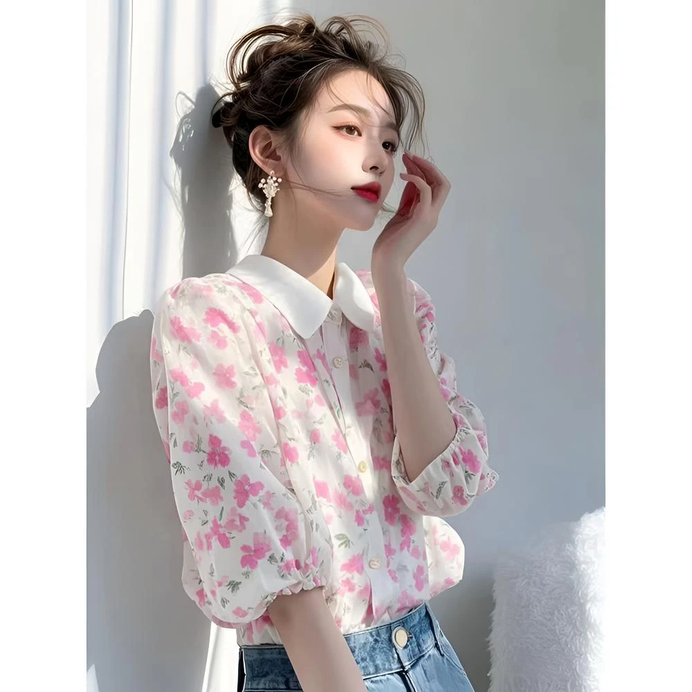 2025开春小众穿搭漂亮小衫高级感轻奢减龄洋气粉色印花雪纺衬衫女