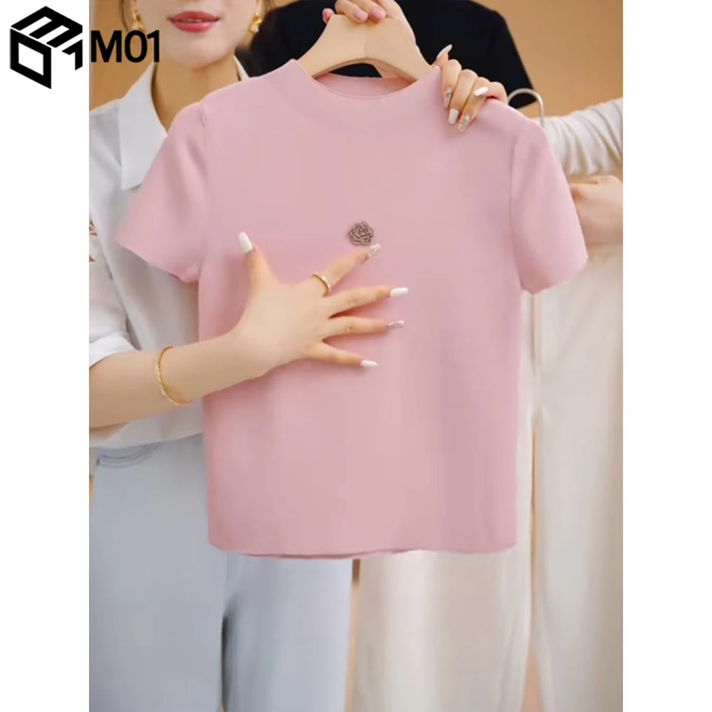 M01粉色山茶花冰丝针织衫女夏季2025年新款正肩短袖t恤显瘦上衣