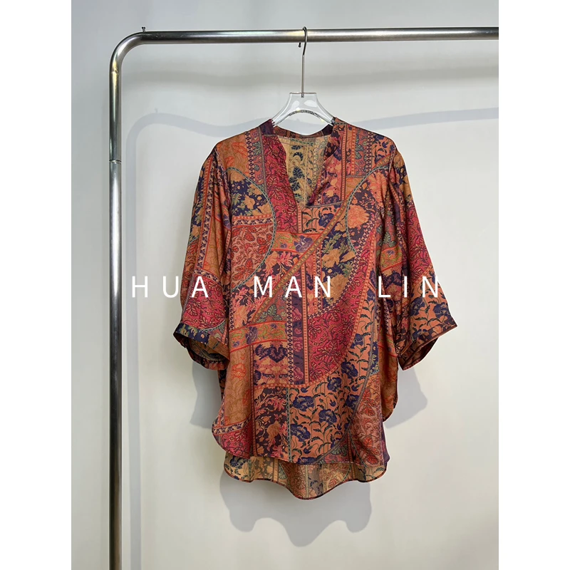 【花满林】立领拼接花色泡泡双绉真丝桑蚕丝五分袖上衣259560