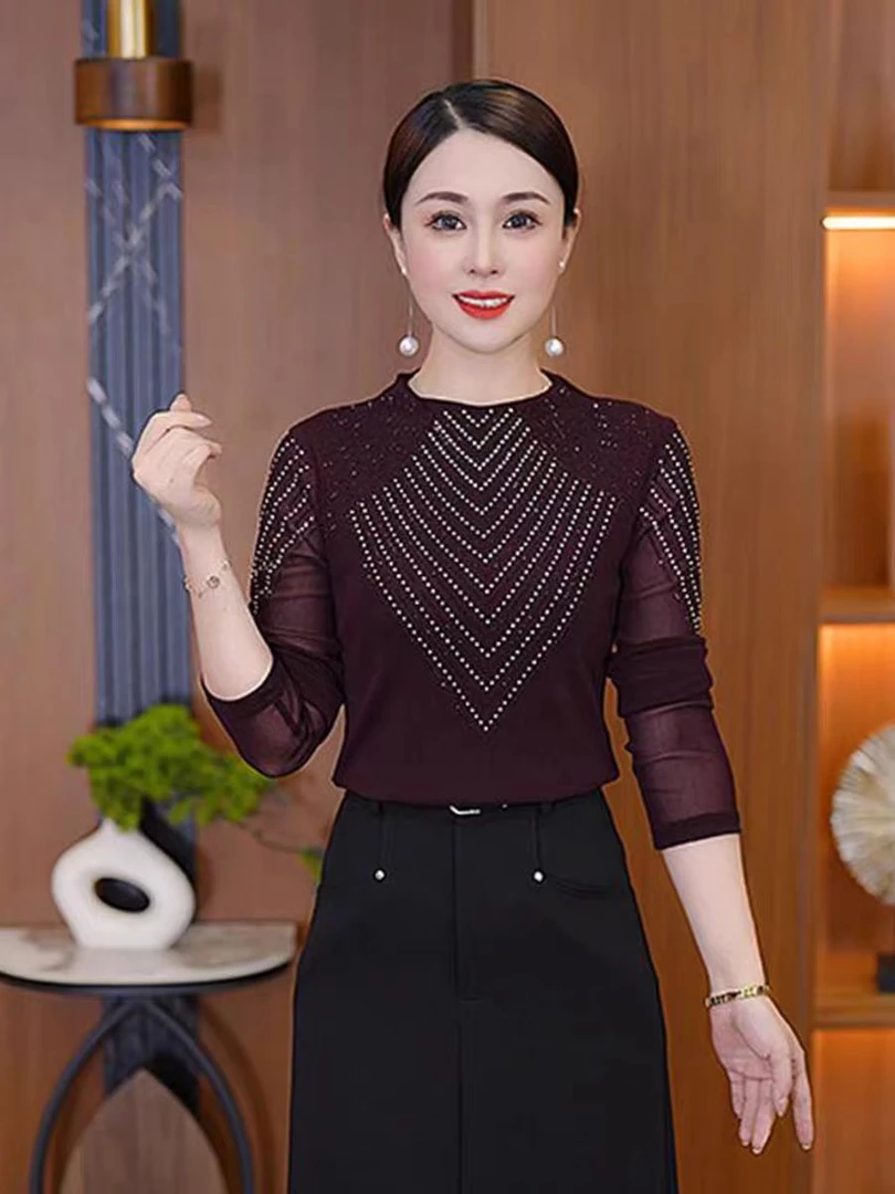 59961#春秋新款烫钻上衣女T恤洋气遮肉显瘦打底衫长袖修身百搭