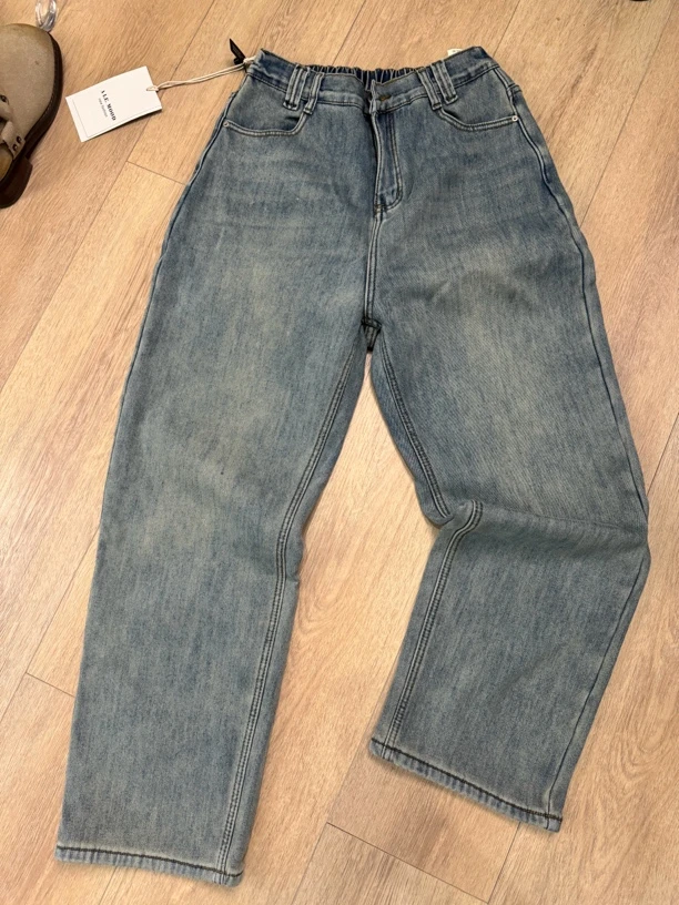 大码微胖8822加厚绒慵懒复古做旧色水洗松紧腰牛仔裤