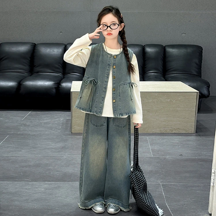 女童时髦牛仔三件套春秋款2025新款洋气女孩蝴蝶结马甲阔腿裤套装