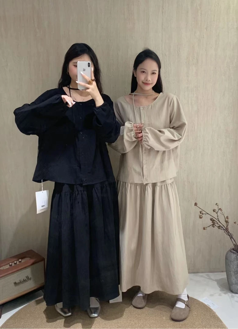 复古甜美长袖圆领秋冬纯色风衬衣上衣秋季宽松