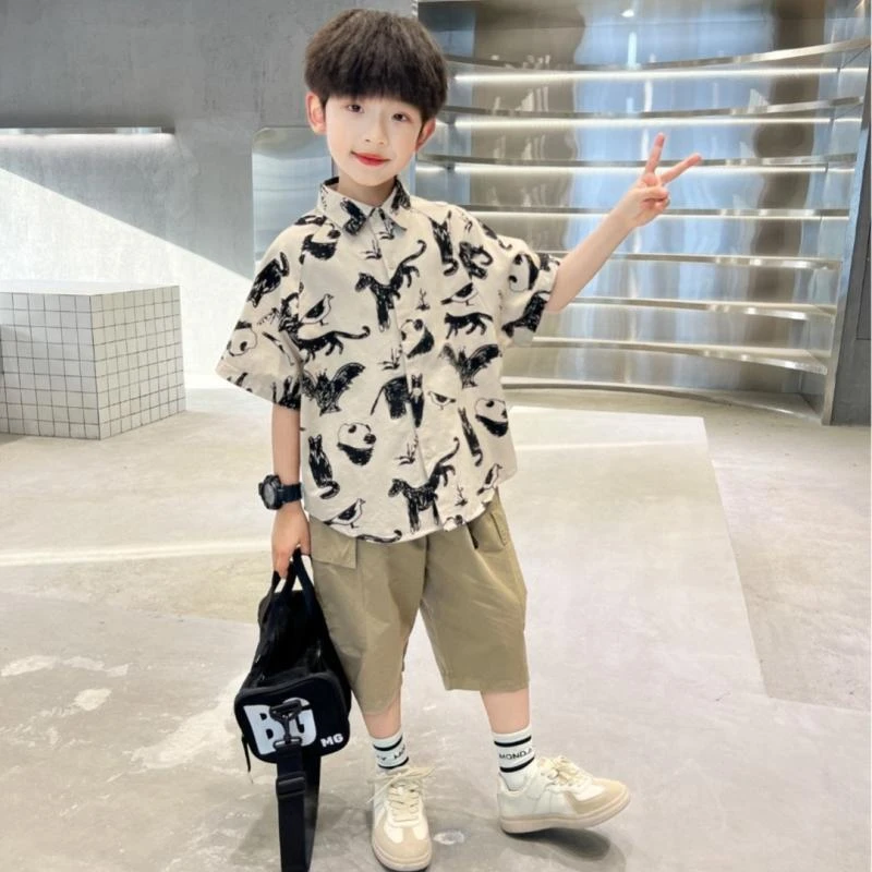 男童棉质短袖印花衬衫裤子两件套儿童中大童夏装套装薄款炸街帅气