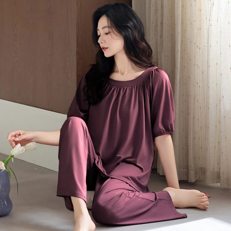 夏天睡衣女款爆款新款夏季桑蚕丝莫代尔短袖长裤妈妈冰丝家居服