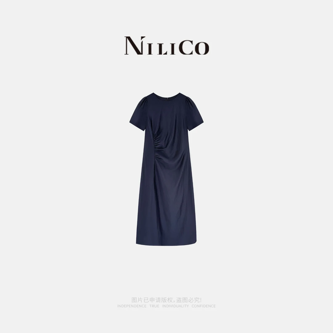 NILICO【澜心】法式优雅圆领气质百搭褶皱收腰缎面轻奢连衣裙夏季
