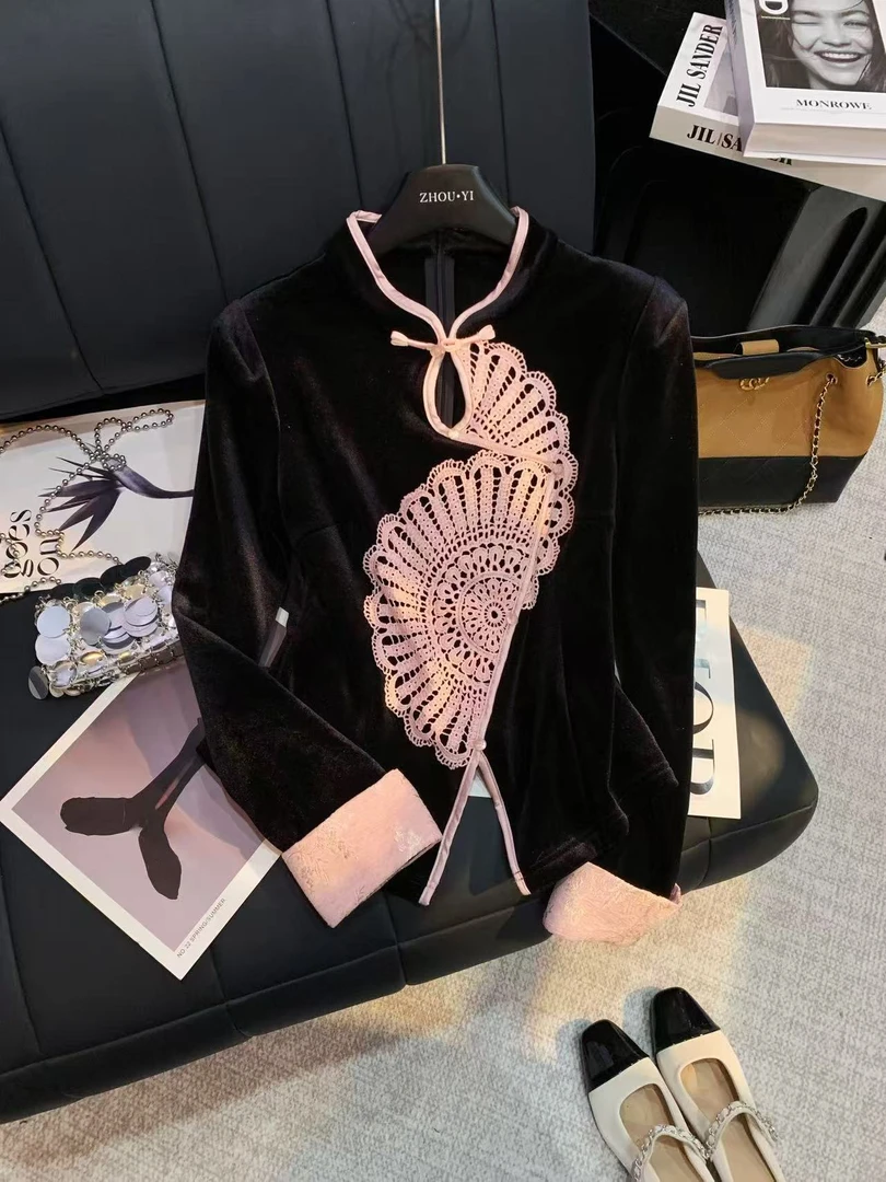 ZHOUYI/周一  2025冬季厚款新中式时尚套装女休闲花卉拼接上衣女