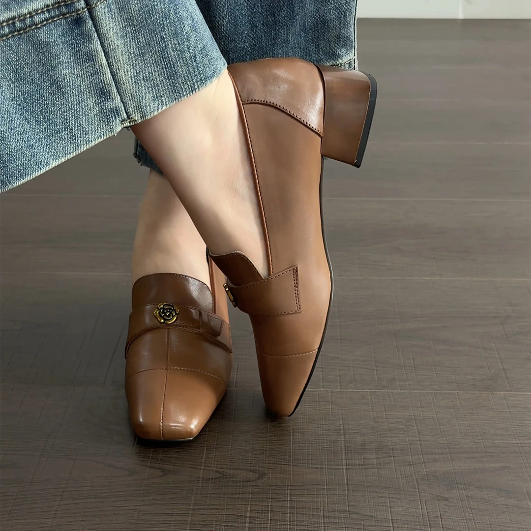 3.5cm/ED2453牛皮方头粗跟乐福鞋女春秋复古棕色真皮英伦风单鞋