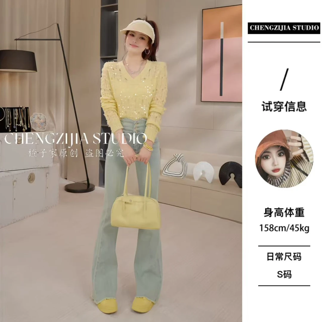 现【裴诗婷】橙子·studio 【小海盐】DD0390镂空V领亮片针织打底衫05