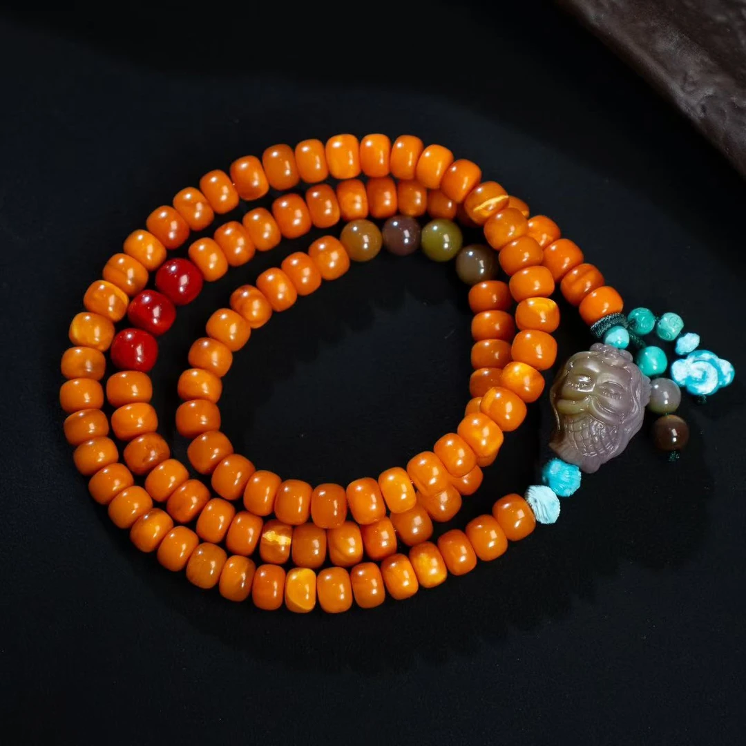 【壹芳珠宝】天然原矿琥珀蜜蜡老蜡盐源美人鱼三圈手串6mm