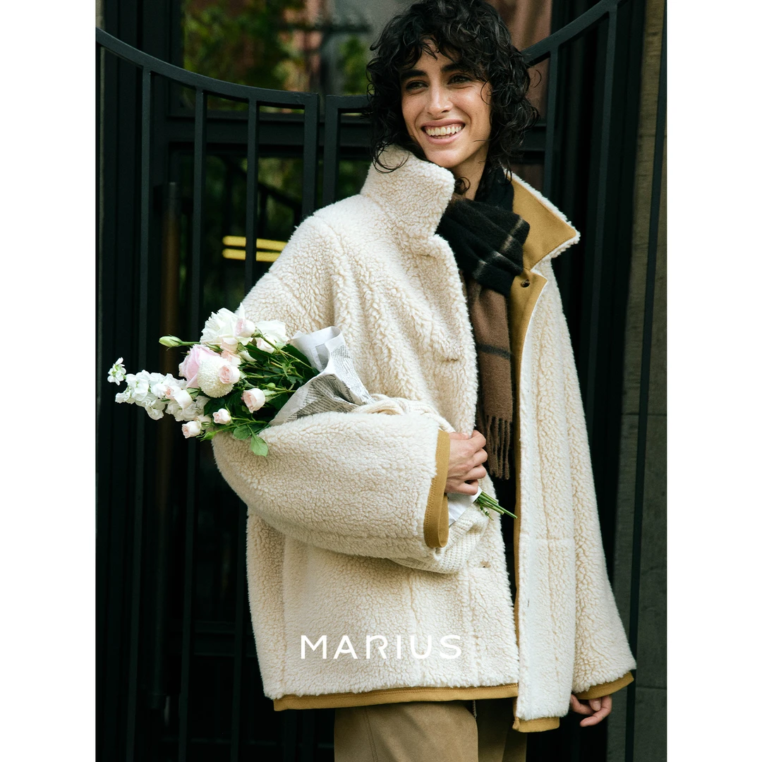 MARIUS“库里南”轻奢秘鲁保暖拼接撞色冬季茧型短款泰迪立领大衣