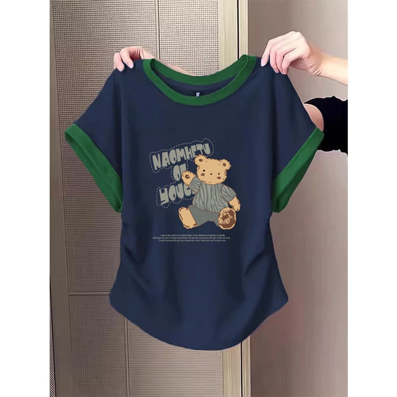 2025新款小飞袖拼色纯棉短袖t恤女上衣洋气收腰褶皱修身显瘦夏季