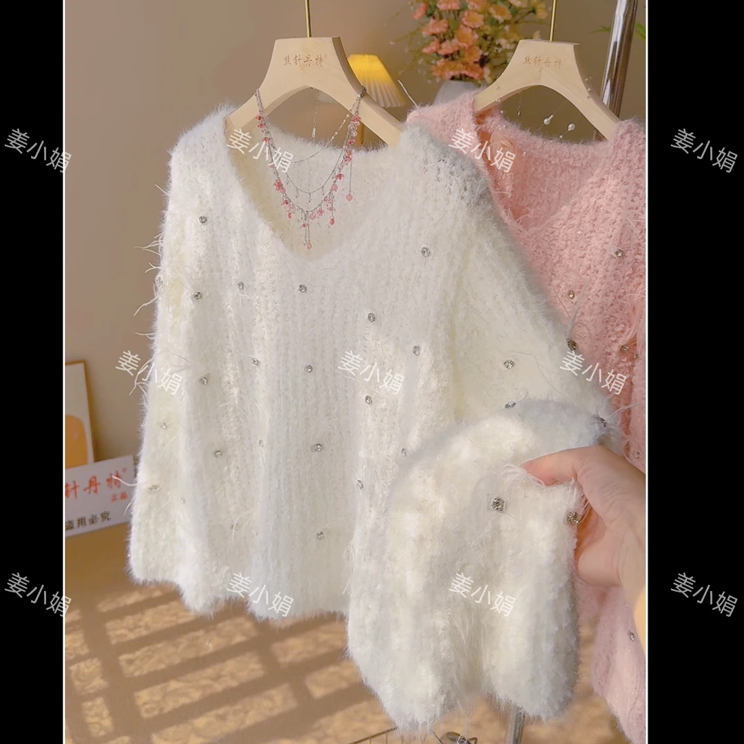 J-羽毛镶钻小香风钉珠针织衫女慵懒风秋冬毛衣2025新款长袖针织衫