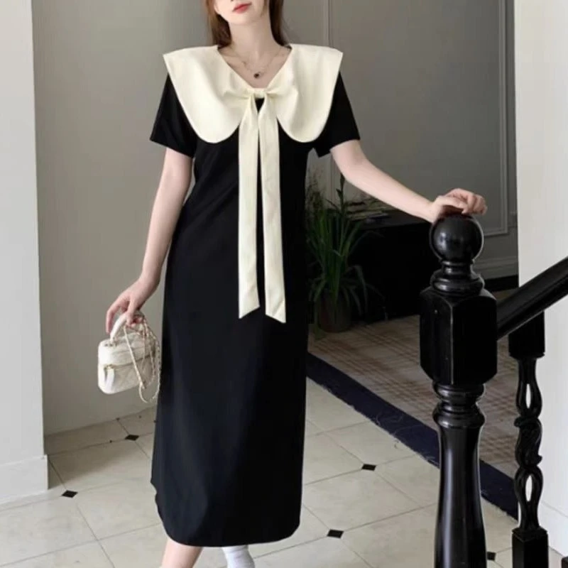 （80-200斤）赫本风蝴蝶结短袖连衣裙夏季大码胖妹妹甜美小黑裙1808