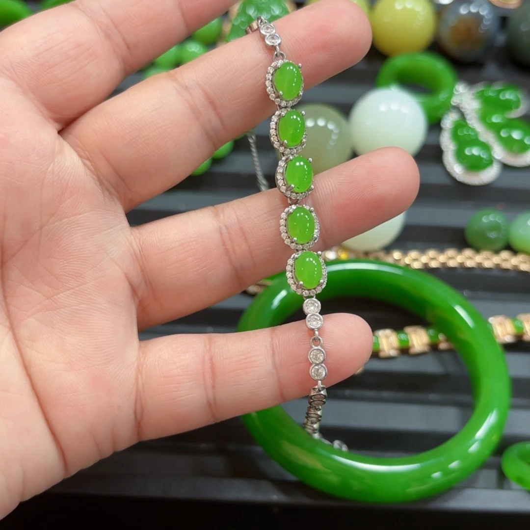 和田玉（碧玉）手链银S925镶嵌啤****斓
