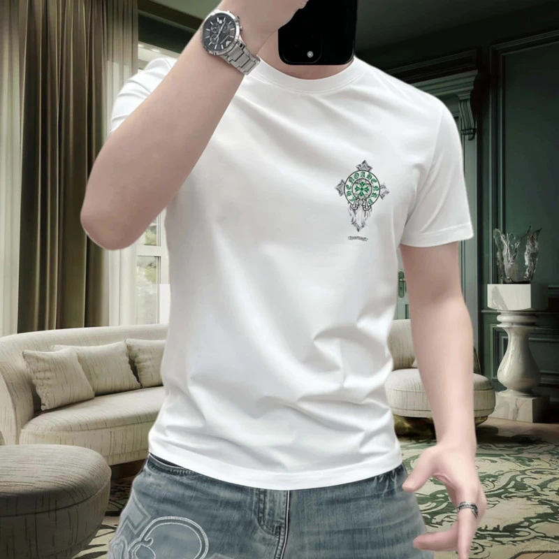 夏季新款高级感潮牌十字架印花短袖t恤男士时尚个性半袖上衣体恤