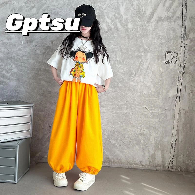 GPTSu女童套装2025夏季新款装儿童薄款大童宽松灯笼裤短袖两件套