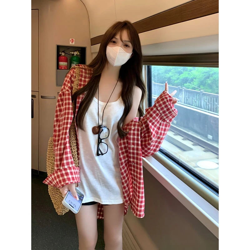 红色格子长袖衬衫上衣女2025秋季新款法式慵懒风宽松休闲衬衣外套