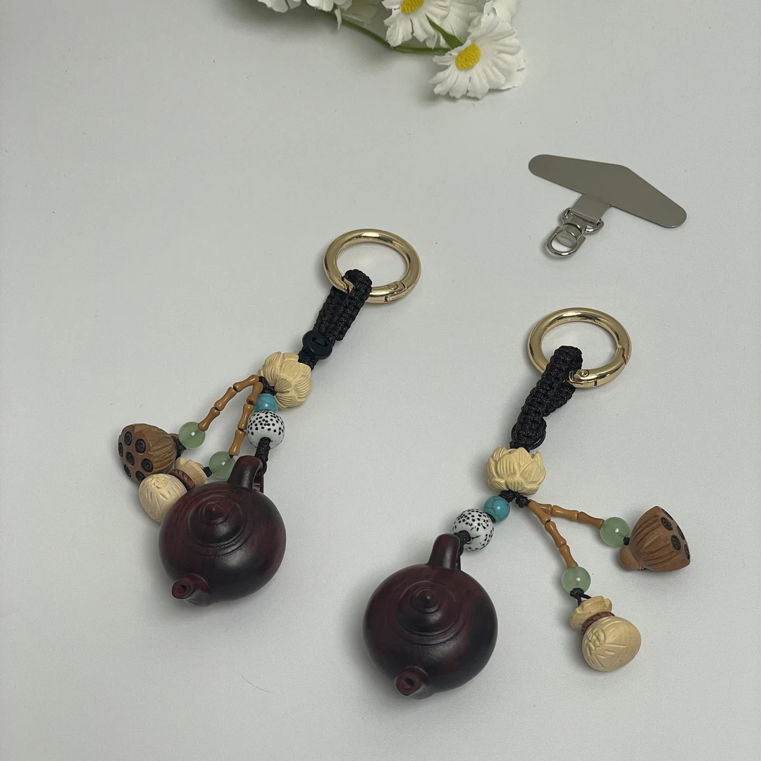 紫檀木把把壶木雕挂件手工编织钥匙扣手机链包包挂件精致小物件