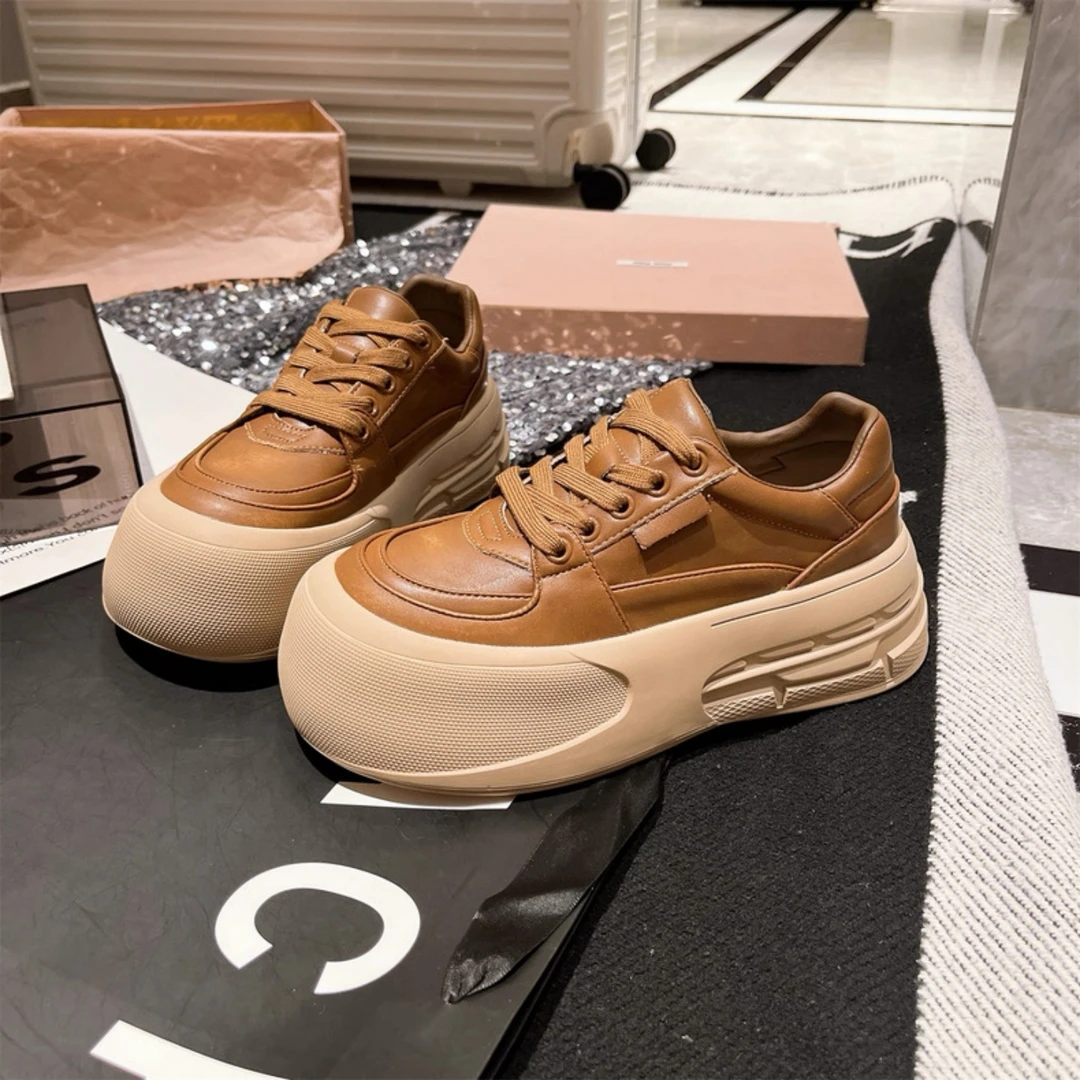 欧货真皮双眼皮大头面包鞋女2025秋季新款厚底松糕增高休闲小白鞋