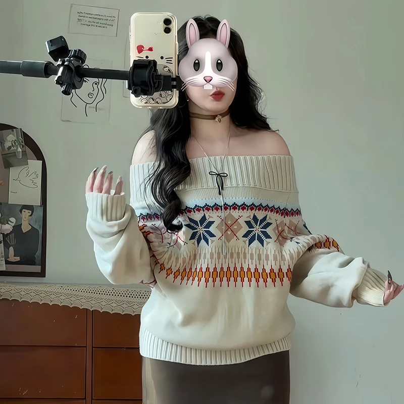 大码系费尔岛一字肩长袖毛衣早秋季微胖MM宽松慵懒风显瘦针织上衣