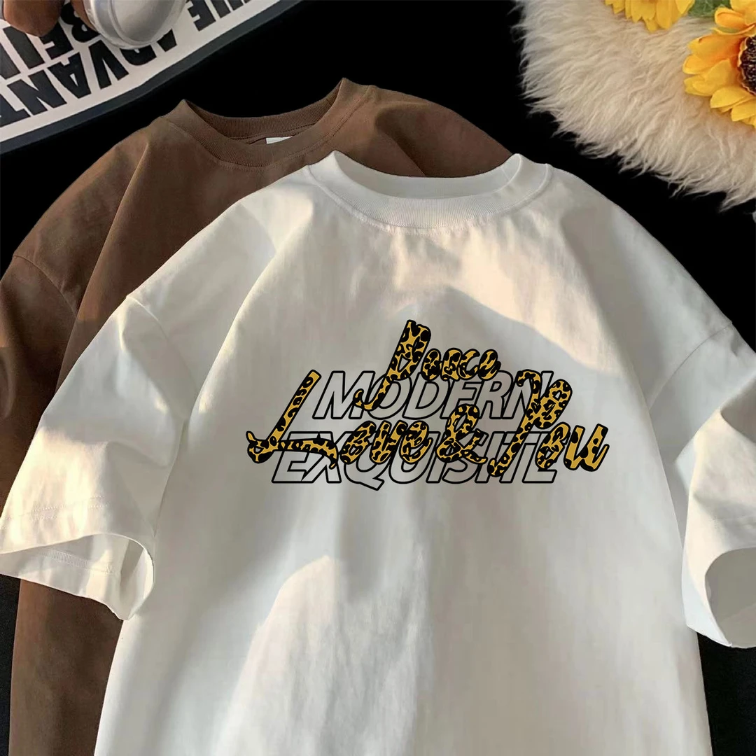 复古豹纹字母男t恤夏季设计感印花纯棉短袖潮牌cleanfit情侣半袖