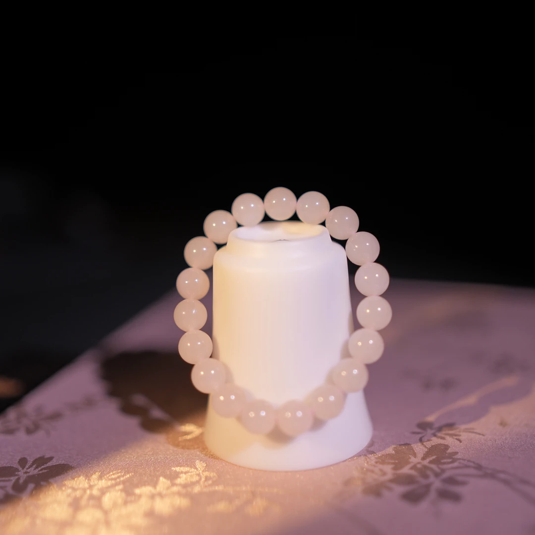 【藕绯烟】正藕粉色猫眼和田玉手串藕粉手串和田玉手串10mm猫眼圆珠