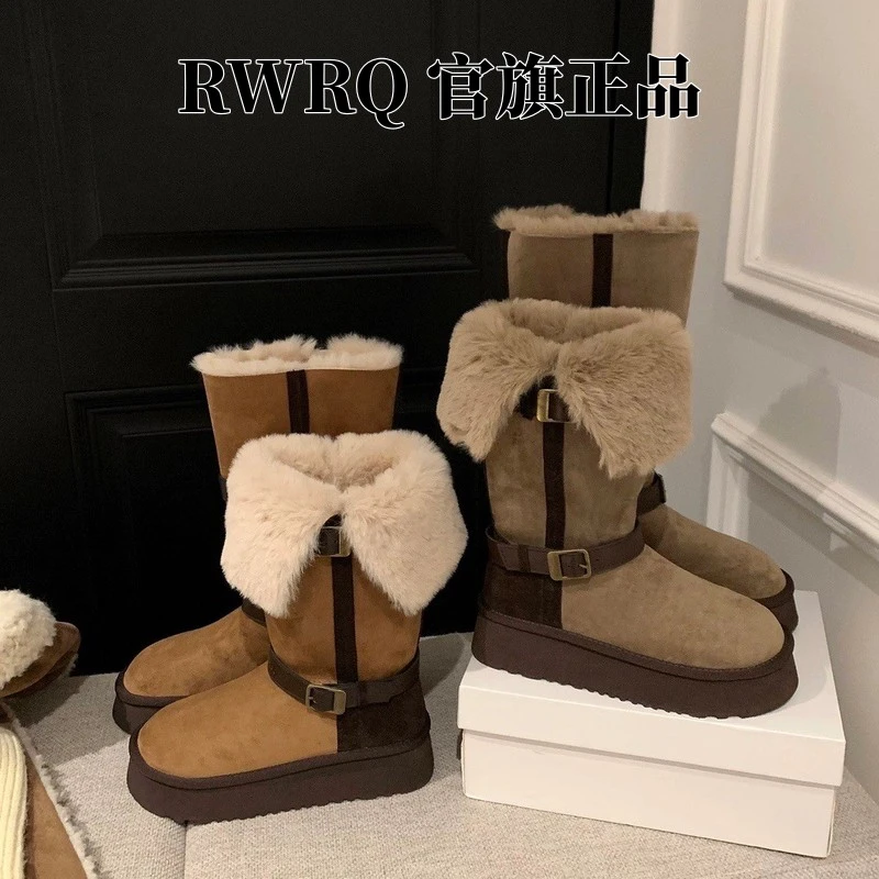 ~雪国列车【增高5cm】中长筒绒皮秋冬季加绒保暖雪地靴女