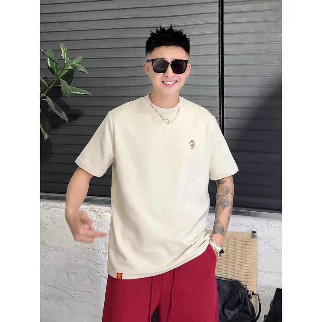 YULE语乐/77775新年款刺绣灯笼卫T双面磨毛加厚正肩圆领短袖T恤