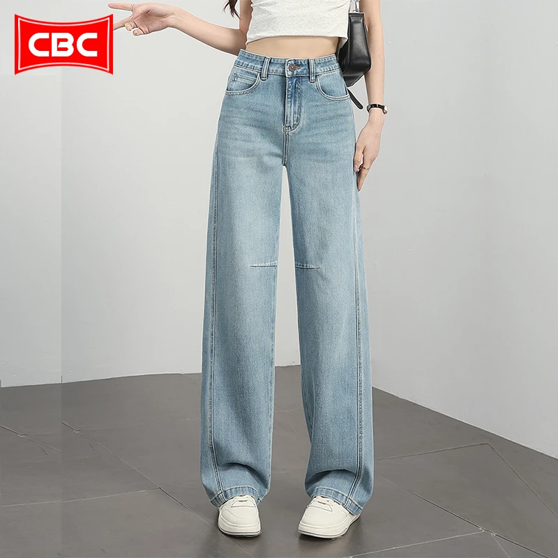 CBC港风阔腿牛仔裤女弯刀裤2025春新款宽松慵懒风休闲拖地长裤子