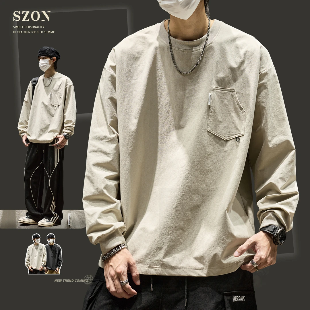 2025春秋新款男款速干户外长袖衣服爆款日系简约宽松纯色圆领卫衣