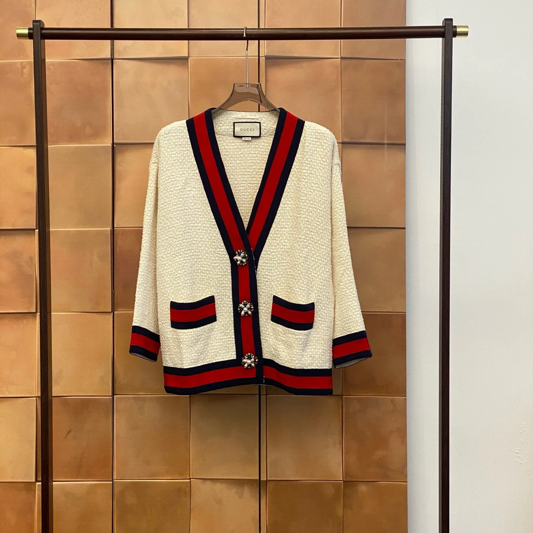 99新 GUCCI/古驰 爆款粗花呢红蓝条纹水钻扣开衫/40码/99新/27929