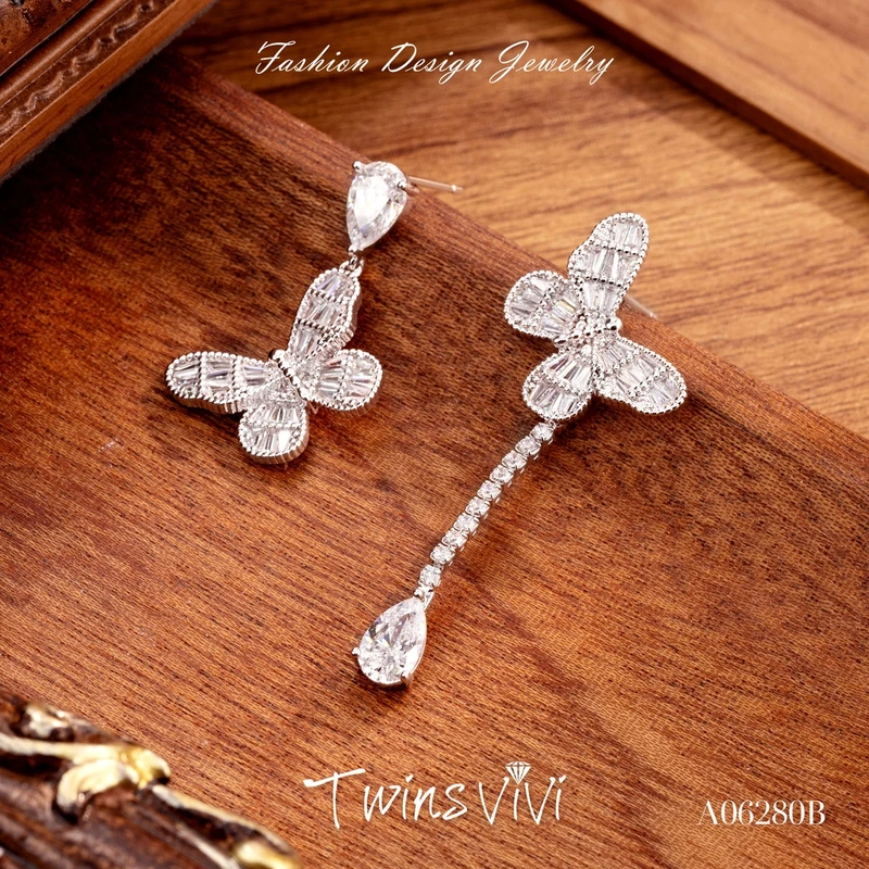 铜合金合成锆石耳饰  不对称满镶蝴蝶耳坠/A06280