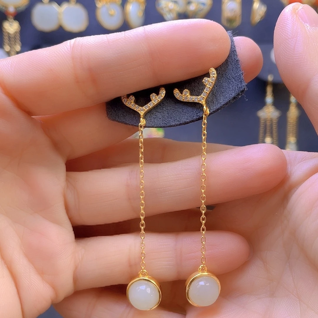 和田玉耳饰银S925镀金镶嵌