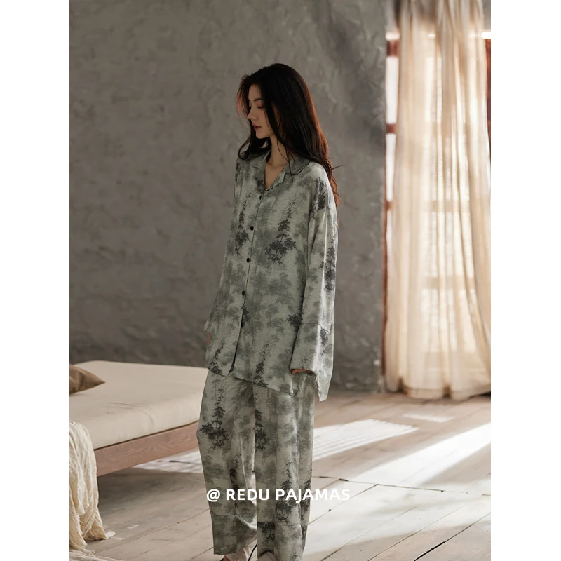 热妒睡衣女春秋季冰丝长袖高级感水墨画国风带胸垫家居服套装