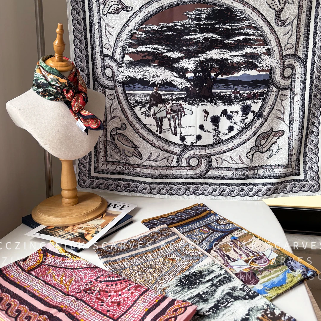 「在雪松下」90cm18姆米斜纹双面丝巾时尚百搭桑蚕丝真丝方巾