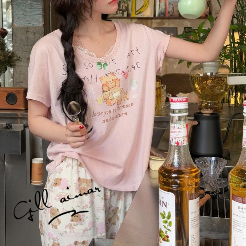 莫代尔睡衣女夏季短袖长裤少女卡通小熊可外穿家居服套装
